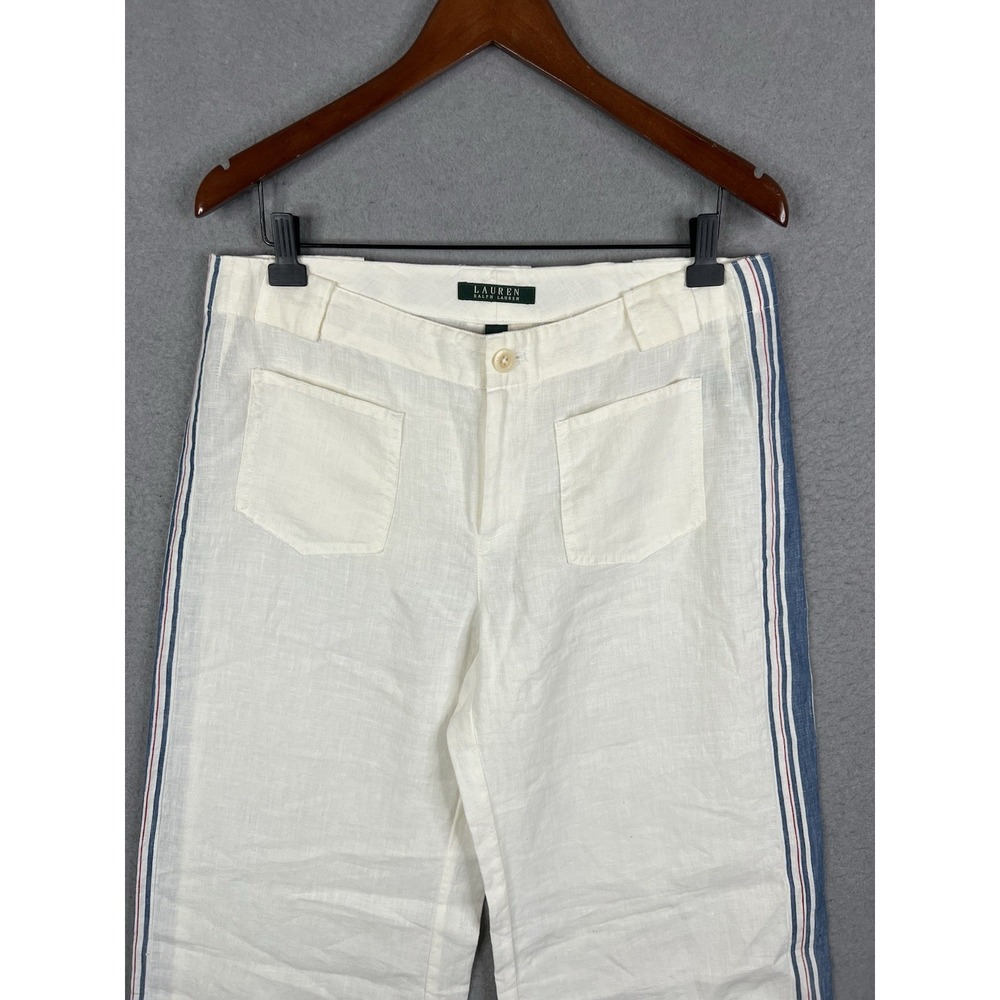 LAUREN Ralph Lauren Linen Pants Size 8 White side stripe Wide Leg Beach Cruise - Picture 2 of 9